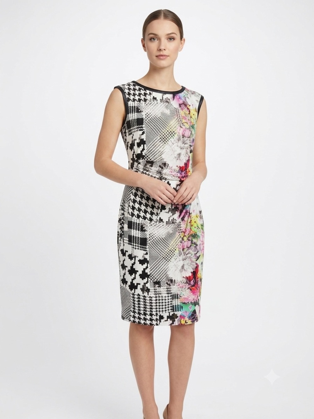 ⁠NWT Basler Graphic Houndstooth Floral Sheath Dress lined designer EU 42 US 10⁠